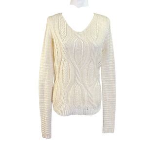 Cream Cable Knit Sweater L Women Soft Textured Pullover Lace Up Back Winter Chic